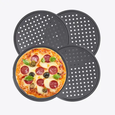 Produktbild von Muvell Pizzablech 4er Set | Ø 32 cm gelochtes Pizzablech | für Pizza Flammkuchen Lahmacun Pommes | 4 Pizzabackbleche