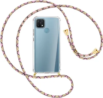Produktbild von Handykette Backcover-Schutzhülle mit Band (Metall goldfarben) für Oppo A15 - rosa Karo