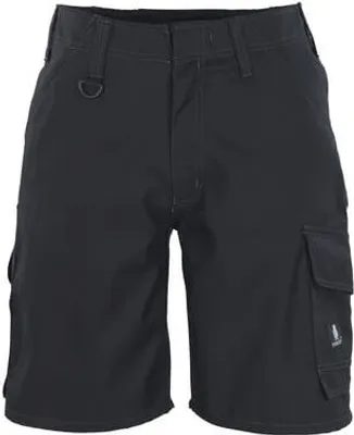 A pair of black cargo shorts shown from the front.