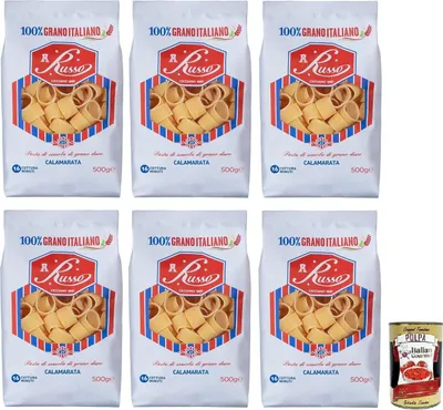 Produktbild von 6x Russo Calamarata N°27 Hartweizengrieß Pasta,100% Italienischer Weizen,500g-Packung + Italian Gourmet Polpa di Pomodoro 400g Dose