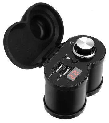 Obrázok produktu pre Multifunkčná nabíjačka do motorky s dvoma USB portmi, voltmetrom a pripojením do zapaľovača (čierna)