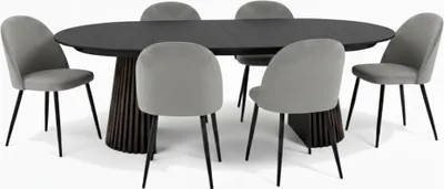 Produktbild von Tokyo Essgruppe Esstisch schwarz, 6 Stühle aus grauem Velours.