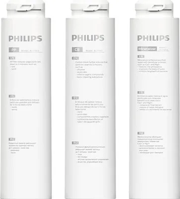 Three white Philips water filter cartridges are arranged side-by-side against a white background.
