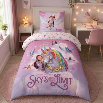 Produktbild von Unicorn Academy Bettwäsche für Mädchen 135x200 80x80 cm Rosa Violett mit Sophia & Wildstar Motiv aus 100% Baumwolle
