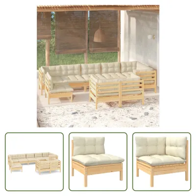 Produktbild von The Living Store 9-tlg. Garten-Lounge-Set mit Creme Kissen Massivholz Kiefer