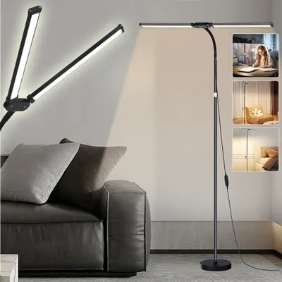 Obrázok produktu pre Stojacia lampa čierna Stmievateľná dvojitá hlava LED stojaca lampa na čítanie Super jasná pre spálňu Obývacia izba Kancelária (H: 50-158cm, 18W, flexibilný husí krk, 3 režimy)
