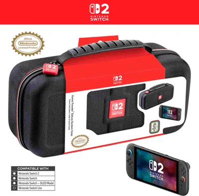 A Nintendo Switch carrying case is shown with product information and compatibility details.