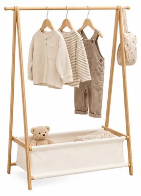 Produktbild von Relaxdays Kleiderständer Kinder, Bambus, HxBxT 106 x 86 x 36 cm, Stoffkorb, Kleiderstange, Kindergarderobe, natur/weiß