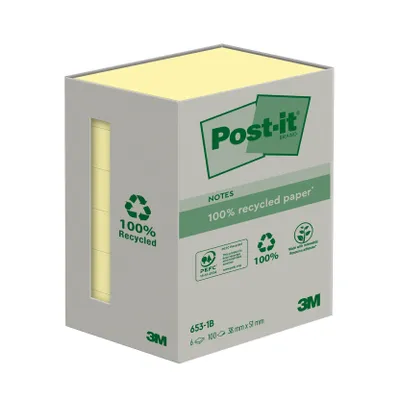 Image de Post-it® 6531B Recycling Notes - 38 x 51 mm, jaune pastel, 6 x 100 feuilles