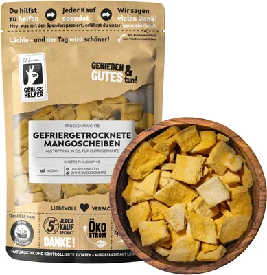 Produktbild von Gefriergetrocknete Mango, ohne Zuckerzusatz, Mangochips, Mangostreifen, 60g
