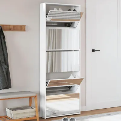Produktbild von Schuhschrank Mit Spiegel 5 Fächer Braun Eiche 63X17X169,5 Cm: Hochglanz-Weiß Farbe: Hochglanz-Weiß