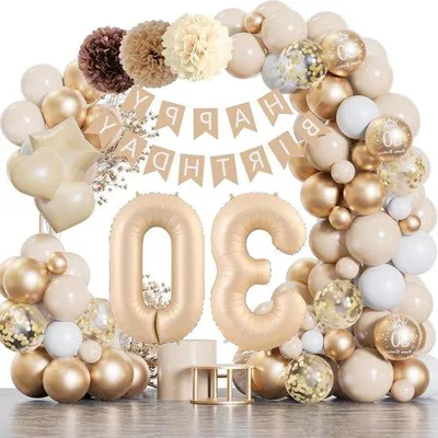 Image de Décoration d'anniversaire « 30 » : guirlande de ballons beige et dorés