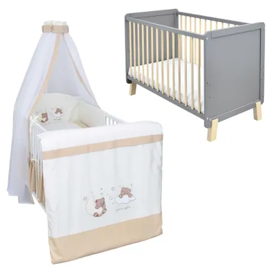 Produktbild von Babybett Kinderbett Gitterbett Lou 60x120 Grau Natur Schutzgitter Matratze Bettwäsche Set 10tlg Traumland Beige