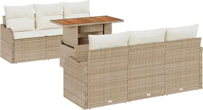 Immagine prodotto di Set da giardino composto da 7 pezzi, divano e poltrone, in rattan sintetico beige e crema