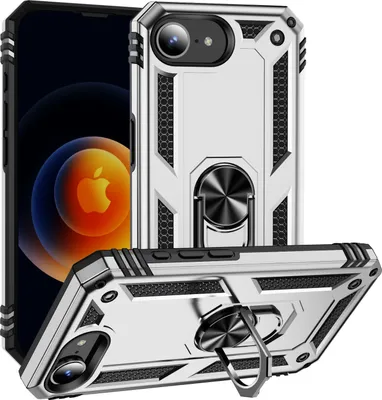 A silver iPhone case with a ring holder is shown from multiple angles, with a phone screen visible in the background.