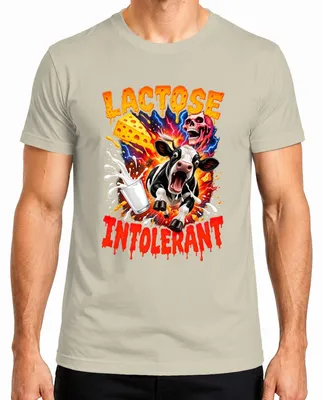 Imagen del producto de Camiseta para hombre con diseño divertido sobre la intolerancia a la lactosa, con motivos de vaca, leche y queso. Talla S
