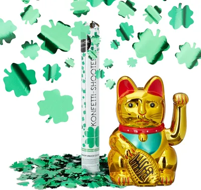 Obrázok produktu pre 2-dielna sada pre šťastie, mávajúca mačka Maneki Neko, party popper v tvare štvorlístka, zlatá mačka šťastia, konfety v tvare zeleného dažďa šťastia