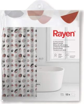 Produktbild von Rayen Duschvorhänge Dusch- oder Badewannenvorhang Wasserdicht PVA Transluzent PVC-Ringe Enthält 12 Haken ca. 180 x 200 cm Weiß mit farbigen Kreisen