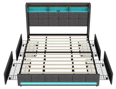Obrázek produktu pro Postel s čalouněnou konstrukcí 140x200 cm – rám postele – LED osvětlení – rošt – 2 zásuvky – čelo postele s úložným prostorem – šedá barva