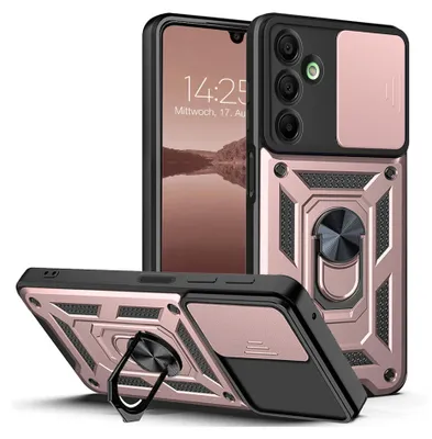 A product shot of a phone case with a ring holder and camera cover, displayed from multiple angles.
