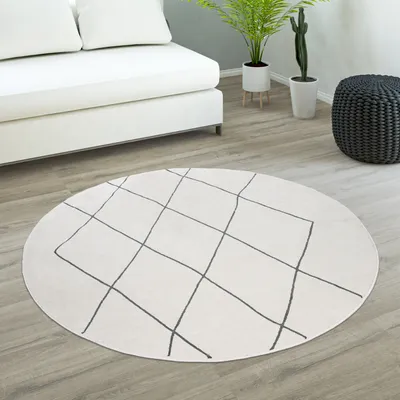 Produktbild von Teppich Rund Wohnzimmer Kurzflor Mit Modernem Skandi Rauten Muster Hell Grösse 120 cm Rund