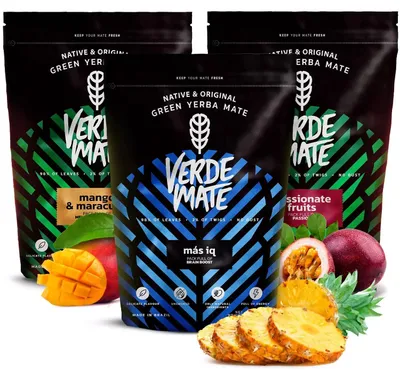 Produktbild von Verde Mate - Mate Tee Set Mango Maracuya, Passionate Fruits, Mas IQ 3x500g - Dicke Blätter 5mm - Fruchtig & Belebend - mit Guarana - Brasilien