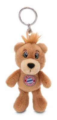 A plush teddy bear keychain with the FC Bayern München logo on its chest, set against a white background.