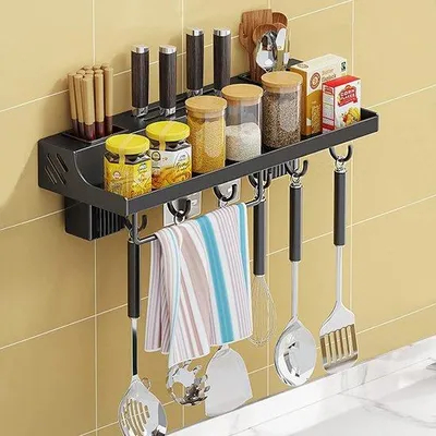 Image de Étagère murale pour épices Famanu - Acier inoxydable noir avec 6 barres porte-crochets
