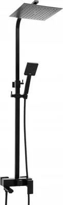 A black shower system with a rain shower head and a handheld shower head, shown against a white background.