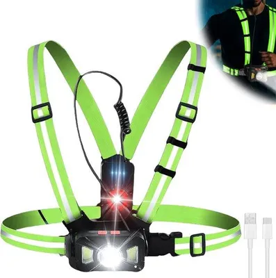 Productafbeelding van LED-looplamp met 2 reflectoren - 5 lichtstanden - USB-oplaadbare borstlamp - 65° draaibaar - waterdicht - lichtgewicht voor hardlopen