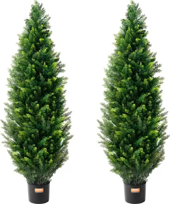 Image de Lot de 2 arbres topiaires artificiels en cèdre de 1,20 m, décoration UV pour l'intérieur/l'extérieur