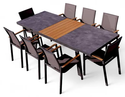 Produktbild von ALEOS. Gartengarnitur Gartenset Aluminium TEAK Set mit Ausziehtisch 180x90cm auf 240cm ausziehbar + 8 Stapelstühle anthrazit Trinidad