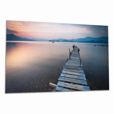 Produktbild von Wallario Herdabdeckplatte aus Glas, Größe 90 x 52 cm 1-teilig, Motiv Steg am See- Idylle bei Sonnenuntergang