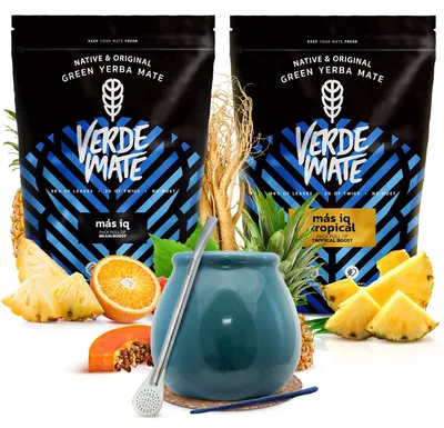 Produktbild von Verde Mate - Mate Tee Set Mas IQ Tropical & Mas IQ 2x500g - Dicke Blätter 5mm - Mate Becher Keramik Turquesa 400-420ml - Bombilla