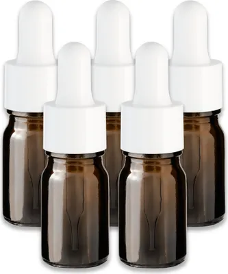 Produktbild von 5x Braune Glasflasche 5 ml mit weißer Pipette Glasfläschchen 18/415