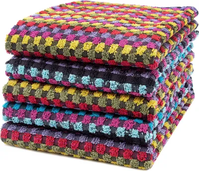 A stack of colorful kitchen towels.
