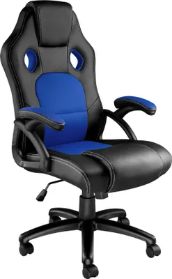 A black and blue ergonomic office chair with a white background.