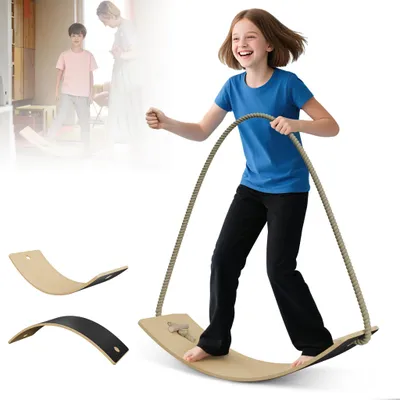 Produktbild von LZQ Balance Board aus Holz mit EVA Anti-Rutsch Matte Schwarz – Montessori Spielzeug, Kinder Balancierbrett 82x30x1,5 cm, Wackelbrett für Gleichgewicht & Koordination, inkl. Seil & Holzstäbe