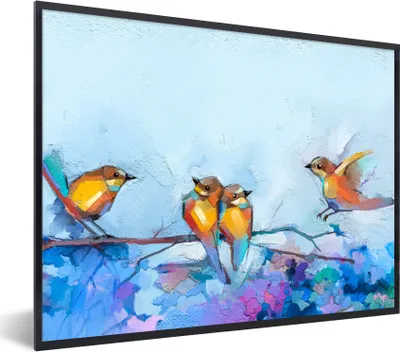 Produktbild von MuchoWow® Gerahmtes Poster Gemälde - Ölfarbe - Vogel - Zweig 80x60 cm - Poster mit Schwarzem Bilderrahmen Wandposter Rahmen Foto Bilder - Schwarzem - Mit Gestell