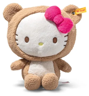 Image de Steiff, peluche Hello Kitty déguisée en ours en peluche, 20 cm. Peluche douce en peluche, capuche amovible. Peluche Hello Kitty, idéale comme cadeau pour les enfants et les collectionneurs. Lavable en machine