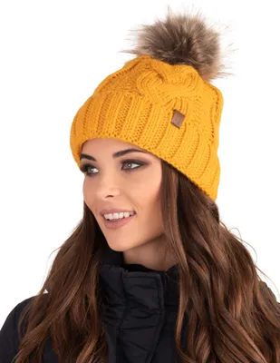 Image de Vivisence Bonnet Tricot Femme - Bonnet à Pompon Femme Hiver Automne - Bonnet à Pompon Chaud Hiver Confortable Épais - Miel