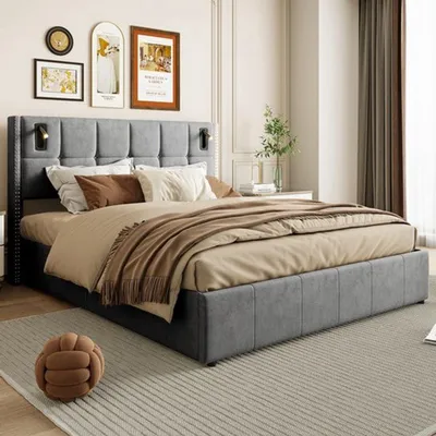 Zdjęcie produktu dla Łóżko dwuosobowe z pojemnikiem na pościel - łóżko tapicerowane o wymiarach 160x200 cm, wyposażone w lampki do czytania i stelaż