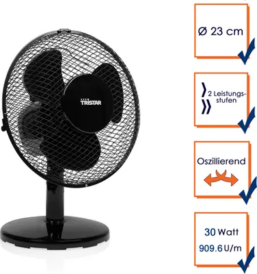 Produktbild von Tristar VE-5722 Tischventilator, Haushalts-Lamellenlüfter, Schwarz, Tisch, Kunststoff, Polypropylen (PP), 48,65 dB, 1 m³