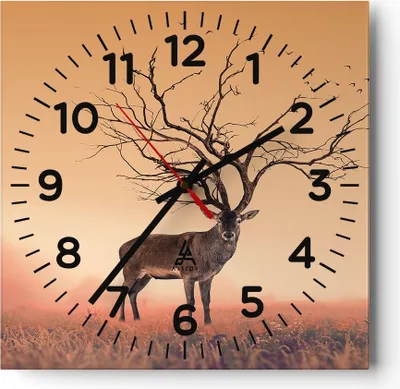 Produktbild von Wanduhr - Quadrat - Glasuhr - Hirsch Baum Nebel Wald - 40x40cm - Schleichendes Uhrwerk - Lautlos - zum Aufhängen bereit - Dekoration Modern - Wanddekoration aus Glas - C4AC40x40-3127