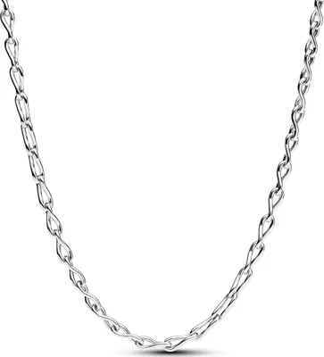 A silver chain necklace on a white background.