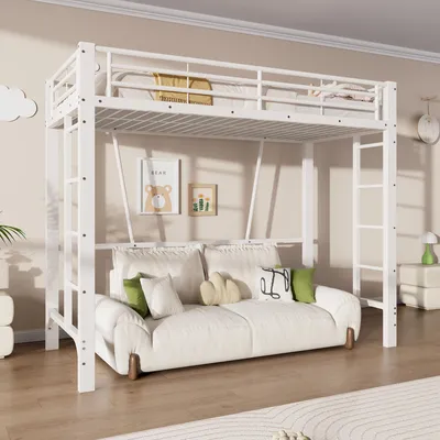 Obrázek produktu pro Postel pro mládež z kovu, rozměry 90x200 cm, s žebříkem po obou stranách, vysoká postel s bezpečnostní zábranou, bílá, bez matrace