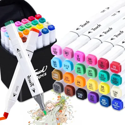 Imagen del producto de Juego de rotuladores a base de alcohol, 24 colores, con puntas de pincel y puntas finas dobles, ideales para ilustraciones