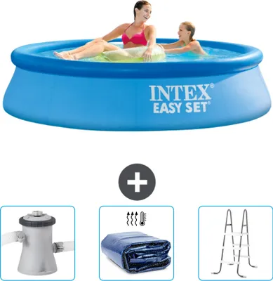 Produktbild von Intex runder aufblasbarer Easy Set-Pool – 244 x 61 cm – Blau – im Lieferumfang enthalten Filterpumpe für Schwimmbad - Sonnensegel - Leiter