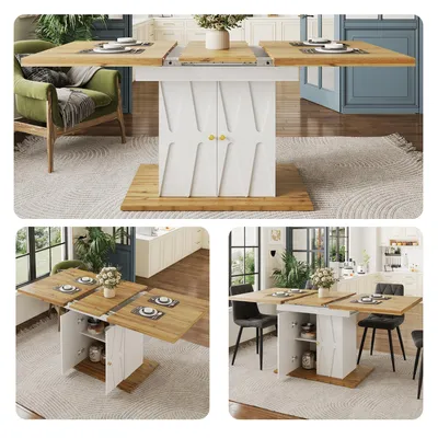 Productafbeelding van Uittrekbare eettafel 110-140x70x76.5 cm met reliëfpatroon en houtfineer. Moderne keukentafel voor de woonkamer, bruin