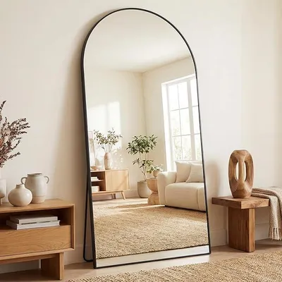 Immagine prodotto di Specchio a figura intera, specchio da terra curvo, cornice in lega di alluminio, vetro antisfondamento, specchio da pavimento per soggiorno o cabina armadio, colore nero